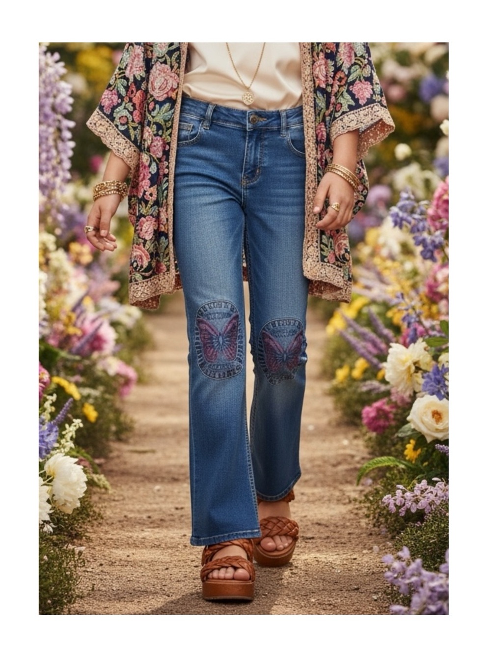 Guess ❤︎ Embroidered Butterfly Knee Patch Denim Jeans ❤︎ 4 4T ❤︎ Elastic Waist